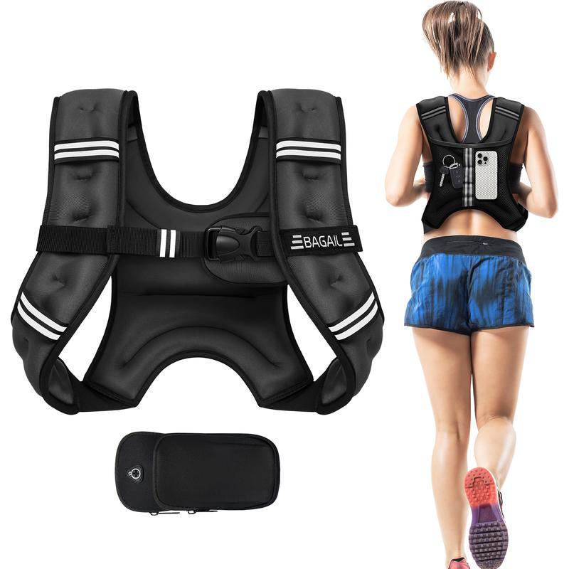 【Holiday Haul】Bagail Weighted Vest, 5Lbs/8Lbs/10Lbs/12Lbs/15Lbs/20Lbs/25Lbs/30Lbs Weight Vest with Detachable Phone Pouch, Rucking Vest for Women, Men, Walking, Training, Running Glute Workout Equipment Sweat Fitness Belt